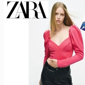 Zara Cropped Corset Balloon Sleeve Going Out Top Size Small in Pink